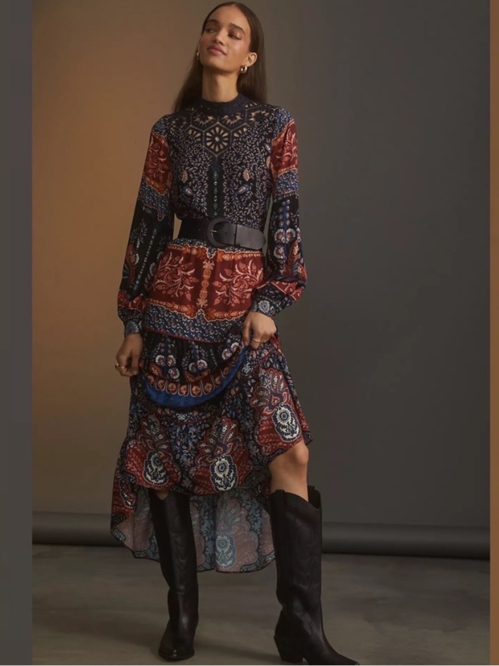 Lace-Yoke Boho Patchwork Tunic Dress in Black & Rust size Large - Picture 4 of 8